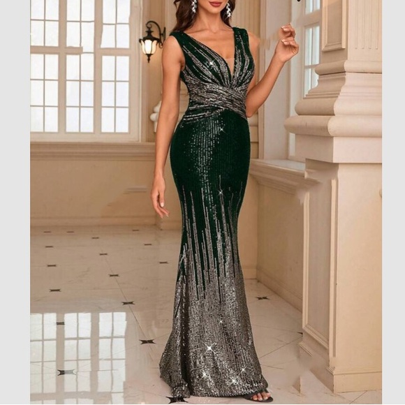 Luxe V neck party formal evening sequins gown dress - Picture 2 of 7